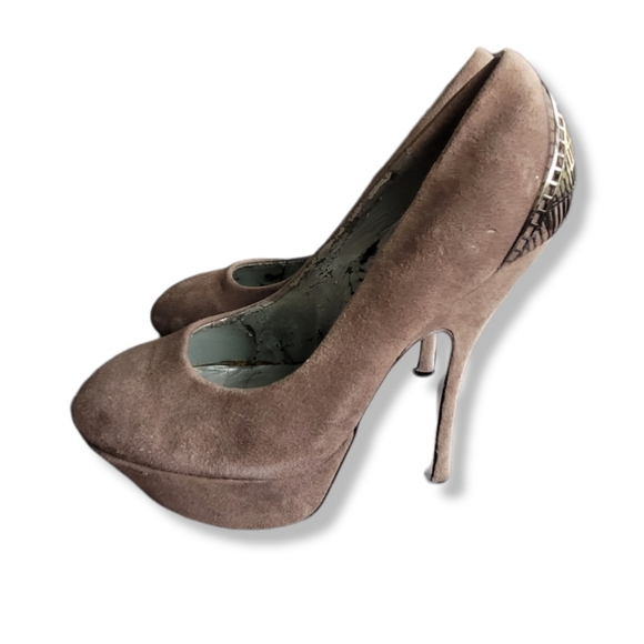Halston Taupe Suede Platform Heels, 6 - Picture 6 of 8